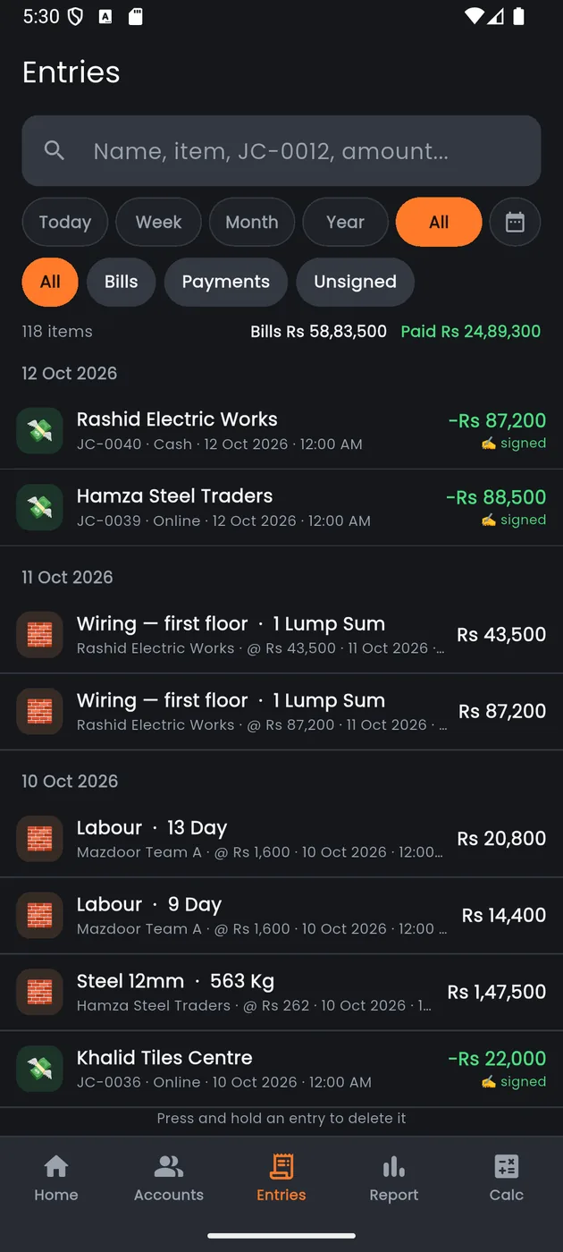 Axon Construction — Entries & payments