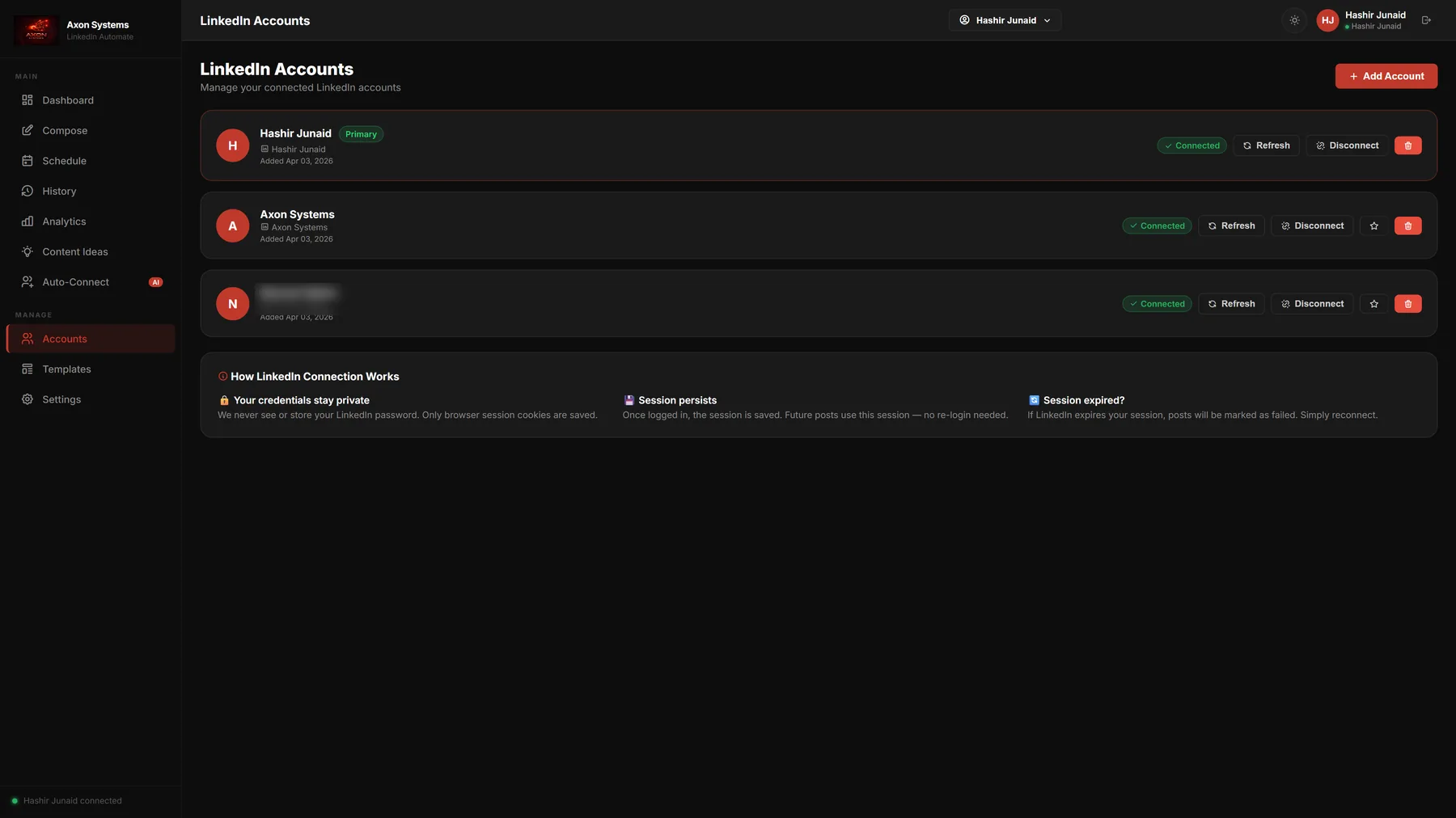 Axon LinkedIn Automate — Accounts